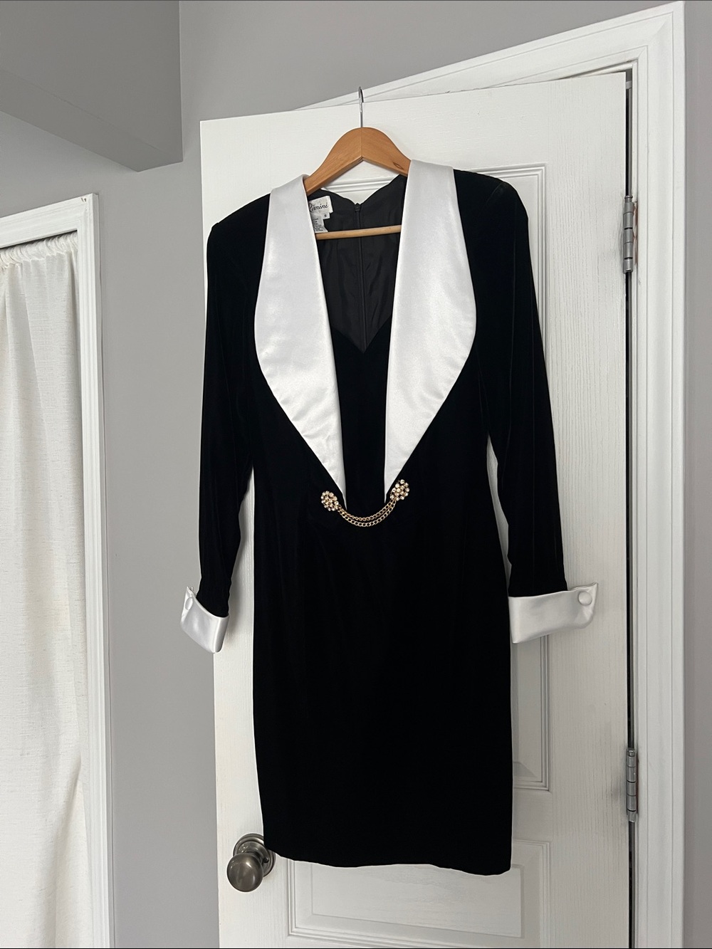 Black Velvet Dress with White Satin Shawl Collar - Fran Drescher style dress